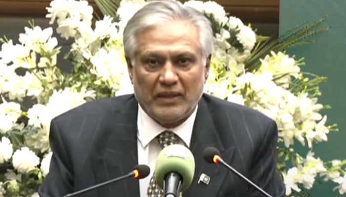 Deputy Prime Minister Ishaq Dar speaks during an event at PSX in Karachi on January 8, 2025. – Screenshot/GeoNews