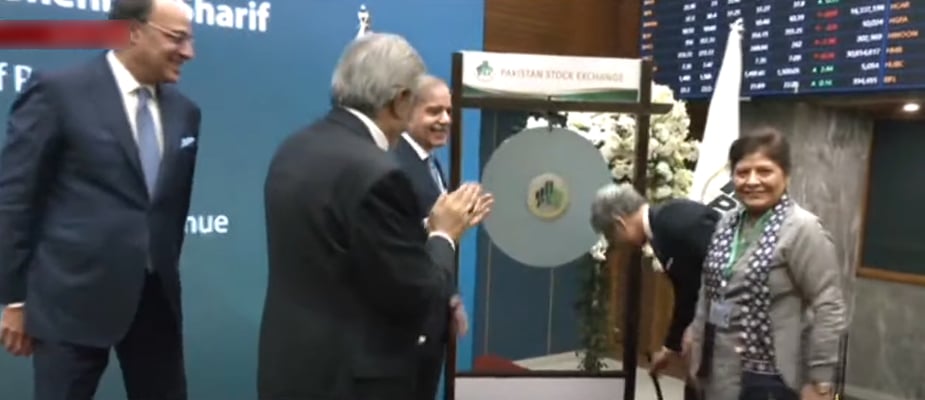 Prime Minister Shehbaz Sharif participates in the gong ceremony at PSX in Karachi on January 8, 2025. – Screenshot/GeoNews