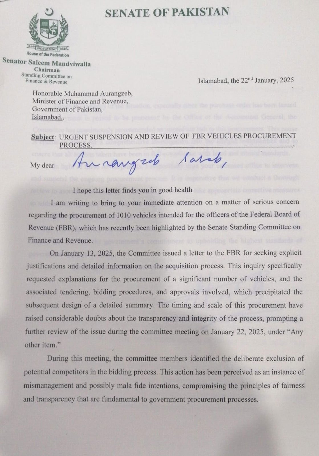 Letter from Senator Mandviwalla to Finance Minister Muhammad Aurangzeb. — Reporter