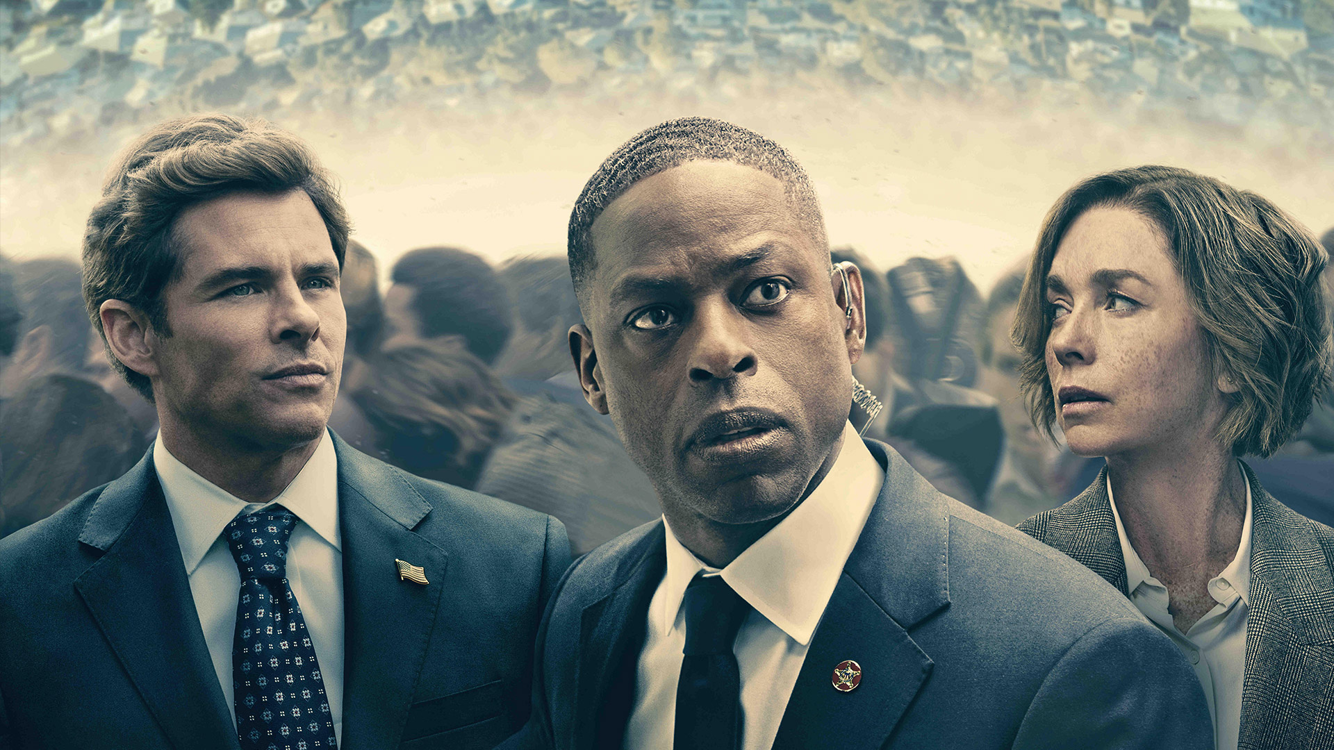 James Marsden, Sterling K Brown and Julianne Nicholson on the poster for the TV show Paradise