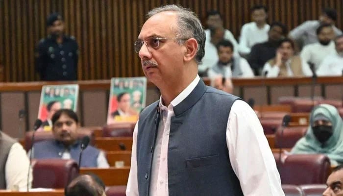 Na's opposition leader, Omar Ayub Khan, speaks during a assembly session. - Facebook@Omar Ayub Khan/File