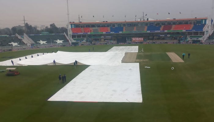 A general view of the covered launch due to the rain at the Crickt Pindi stadium in Rawalpindi before the launch of Champions Trophy 2025 between Pakistan and Bangladesh on February 27, 2025. - PakGazette News