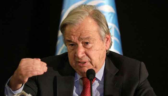 United Nations Secretary Antonio Guterres Gestes while attending a press conference in Beirut, Lebanon, December 21, 2021.-Reuters