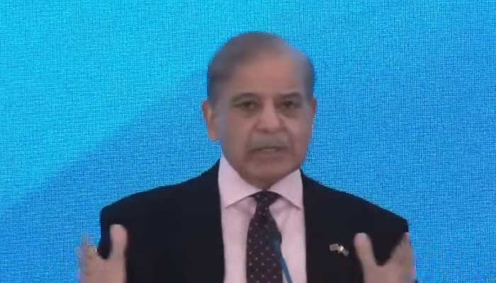 Prime Minister Shehbaz Sharif addresses the business forum organized in collaboration with the Export and Investment Promotion Agency of the Republic of Azerbaijan (Azpromo) in Baku, Azerbaijan, February 24, 2025. - Screengrab through YouTube/PakGazette News