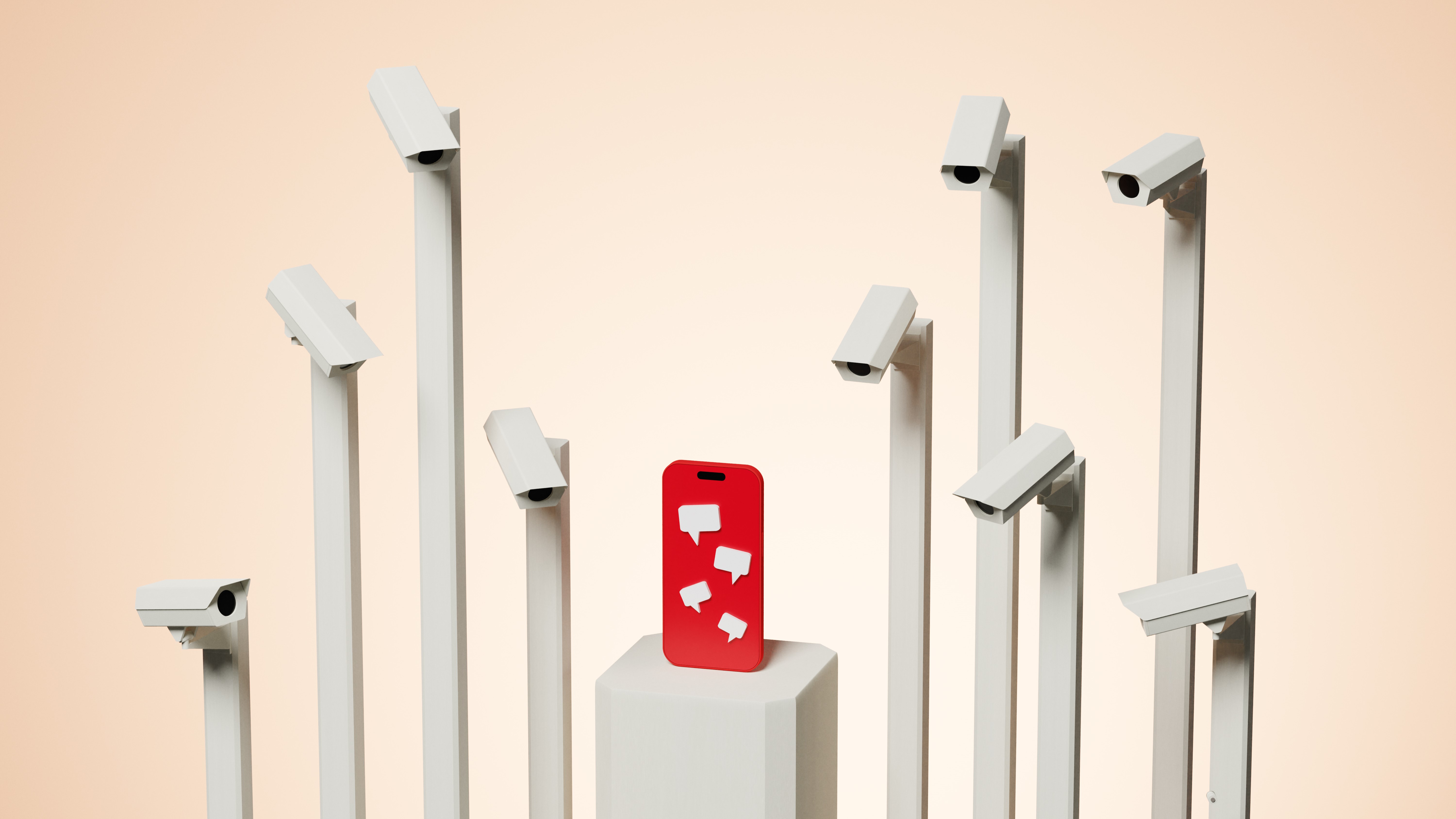 Conceptual image of a large group of CCTV cameras that look and spy on a mobile phone with messages, illustrates the concept of digital surveillance