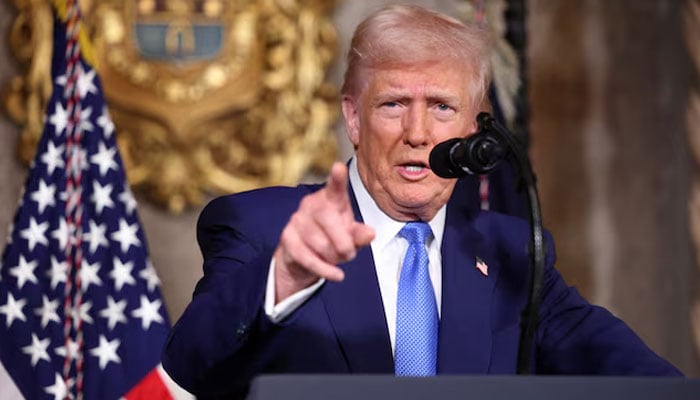 The president of the United States, Donald Trump, points out while speaking in Mar-A-Lago in Palm Beach, Florida, USA, February 18, 2025.-Reuters