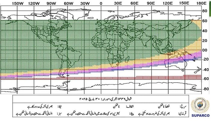 The graph shows scientific evaluations and astronomical calculations on the possibility of an eid-u-fit moon sighting on March 30, 2025.-Supuparco