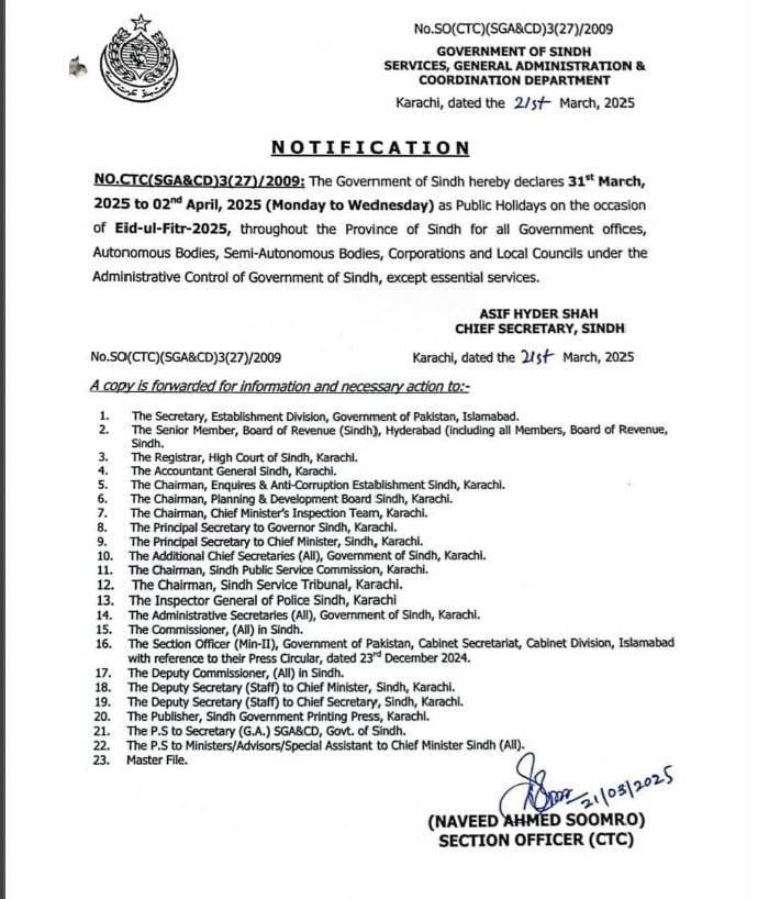 Sindh announces eid ul fit holidays