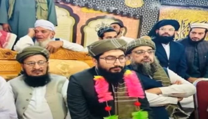 MAULANA ABDUL HAQ SANI, son of the late Hamid-Ul-Haq Haqqani, in the photo during a jui-s meeting at Jamia Darul Ulom Haqqania, Akora Khattak on March 16, 2025.-SCREENGRAB through PakGazette News