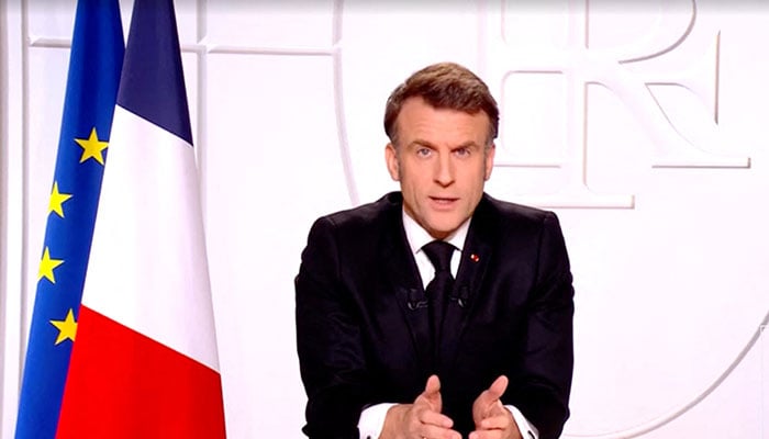 The French president, Emmanuel Macron, addresses the nation, in Paris, France, on March 5, 2025, on this screen taken from a video. - Reuters