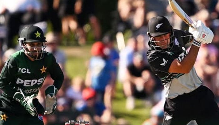 New Zealand batter plays a shot during the first T20i game against Pakistan in Christchurch on March 16, 2025. - Facebook@pakistoncketboard