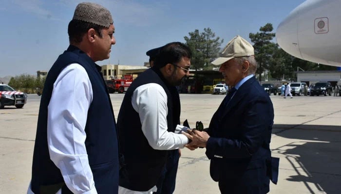 PM Shehbaz Sharif (Right) is received by the Baluchistan CM Sarfaraz Bugti while landing in Quetta on a one-day visit to review the security situation in the province on August 29, 2024.-Facebook/@dprob