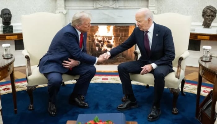 Donald Trump (left) and Joe Biden during a meeting at the Oval Office, Washington, USA, on November 13, 2024. - AFP