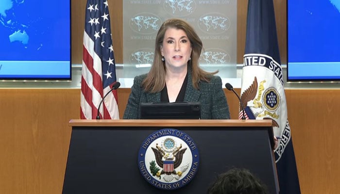 The spokesman for the US Department of the USA Tammy Bruce speaks during an informative press session in Washington, USA, on March 17, 2025.