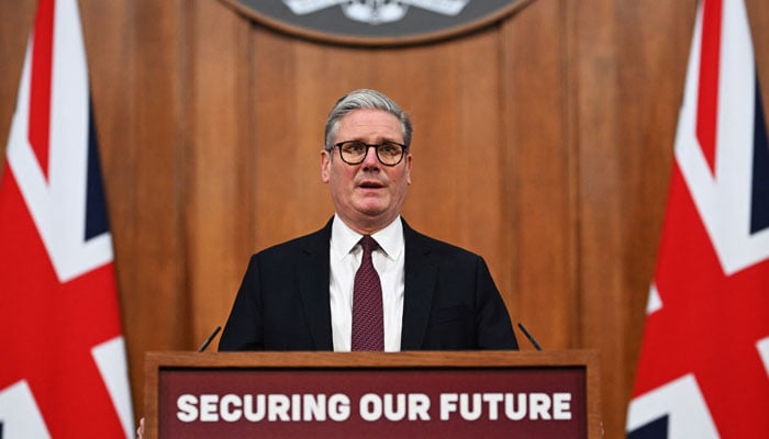 The British prime minister, Keir Starmer, speaks at a press conference after a video conference of the virtual summit in 10 Downing Street on March 15, 2025 in London, Great Britain. - Reuters