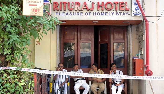 Police officials keep the entrance of the Rituraj Hotel, where a fire was broken, in Kolkata, India, on April 30, 2025. - AFP