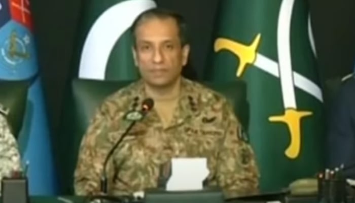 The General Director of Public Relations of Public Relations (DG ISPR), Gen Ahmed Sharif Chaudhry, can be seen at a press conference on May 11, 2025 on this screen screen taken from a video. - YouTube/Geonews/Screengrab