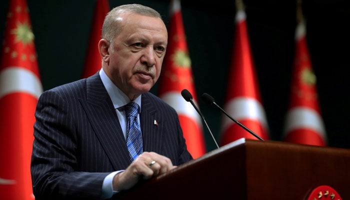 Turkish president, Tayyip Erdogan, gives a statement after a cabinet meeting in Ankara, Türkiye, May 17, 2021. - Reuters