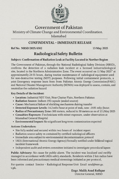 The supposed document issued by the Pakistan government with respect to a radiation leak.