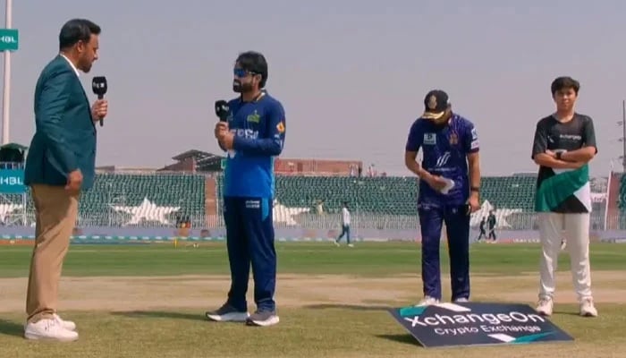 Captain of the Sultans of Finen Mohammad Rizwan (2nd left) and Quetta Gladiators Captain Saud Shakeel (2nd right) during the launch ahead of the Pakistan Super League match (PSL) at the Cricket Rawalpindi stadium on May 18, 2025.