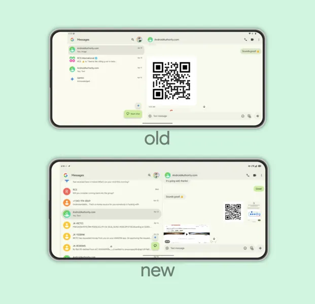 Screen powers of the old and new landscape view of Google Message