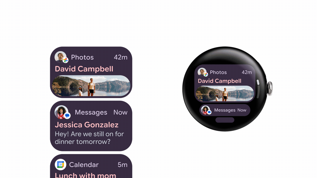 A GIF that shows Wear OS 6 and the new style of buttons that grow as they fill more from the watch screen