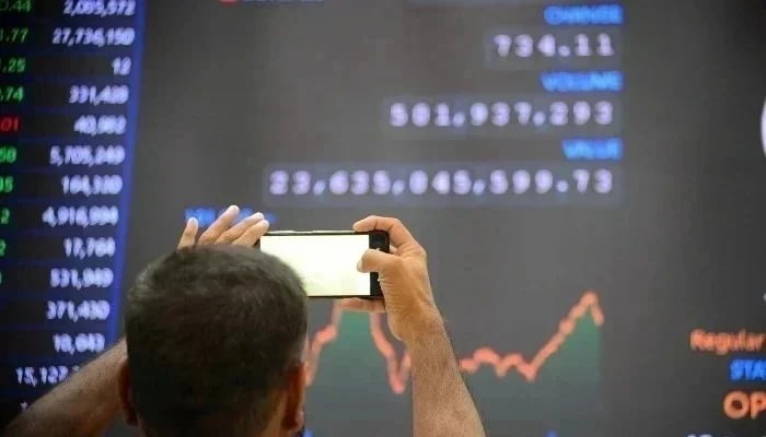 Stockbroker supervises the prices of shares in the Pakistan Stock Exchange on April 7, 2025. - INP