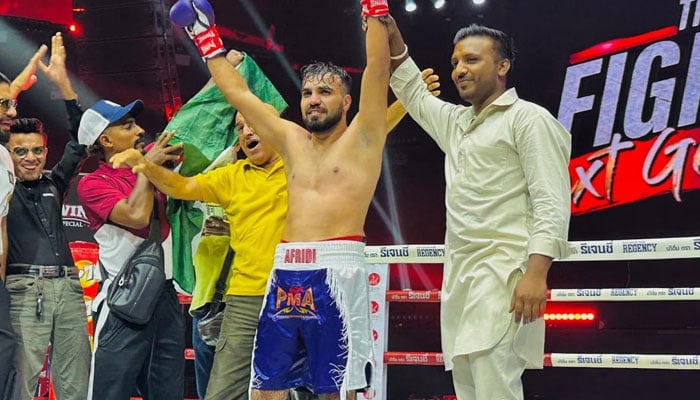 The Pakistani medium weight boxer Shahir Afridi celebrates after winning a fight in Bangkok. - Facebook/@iamshahirafridi/Archive