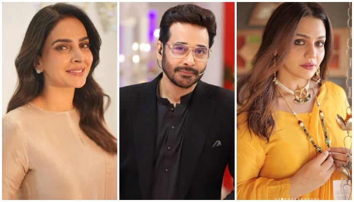 Pakistani actors Saba Qamar (left), Fayal Qureshi and Zara Noor Abbas. - Instagram/@Sabaqamarzaman/@Faysalquraishi/@Zaranorabbas.Oficial