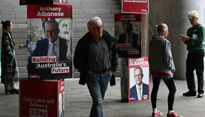 The posters of the Prime Minister of Australia, Anthony Albanese, are seen outside a voting center in Sydney on May 3, 2025, before the beginning of the vote in the general elections. - Reuters