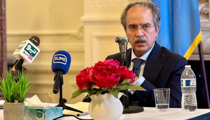 Permanent representative of Pakistan before the United Nations, the ambassador to Iphtikhar talking to the media on May 3, 2025. - x@pakistanun_ny