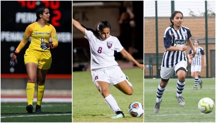 This combination of images shows (from the left) the goalkeeper based in Canada Zeyana Jivraj, the Greek team of the Top-Division of the Top-Division Aqsa Mushtaq and the striker for England West Bromwich Albion Mariam Mahmood. - Reporter