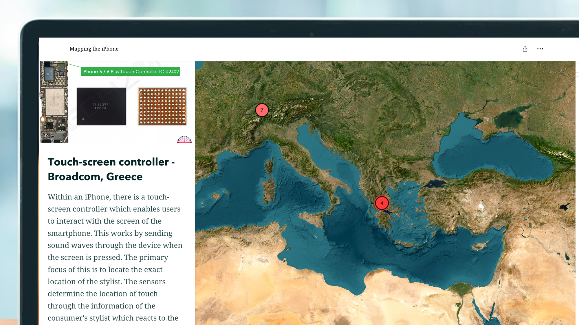 A laptop screen that shows an infographic 'mapping of the iPhone'