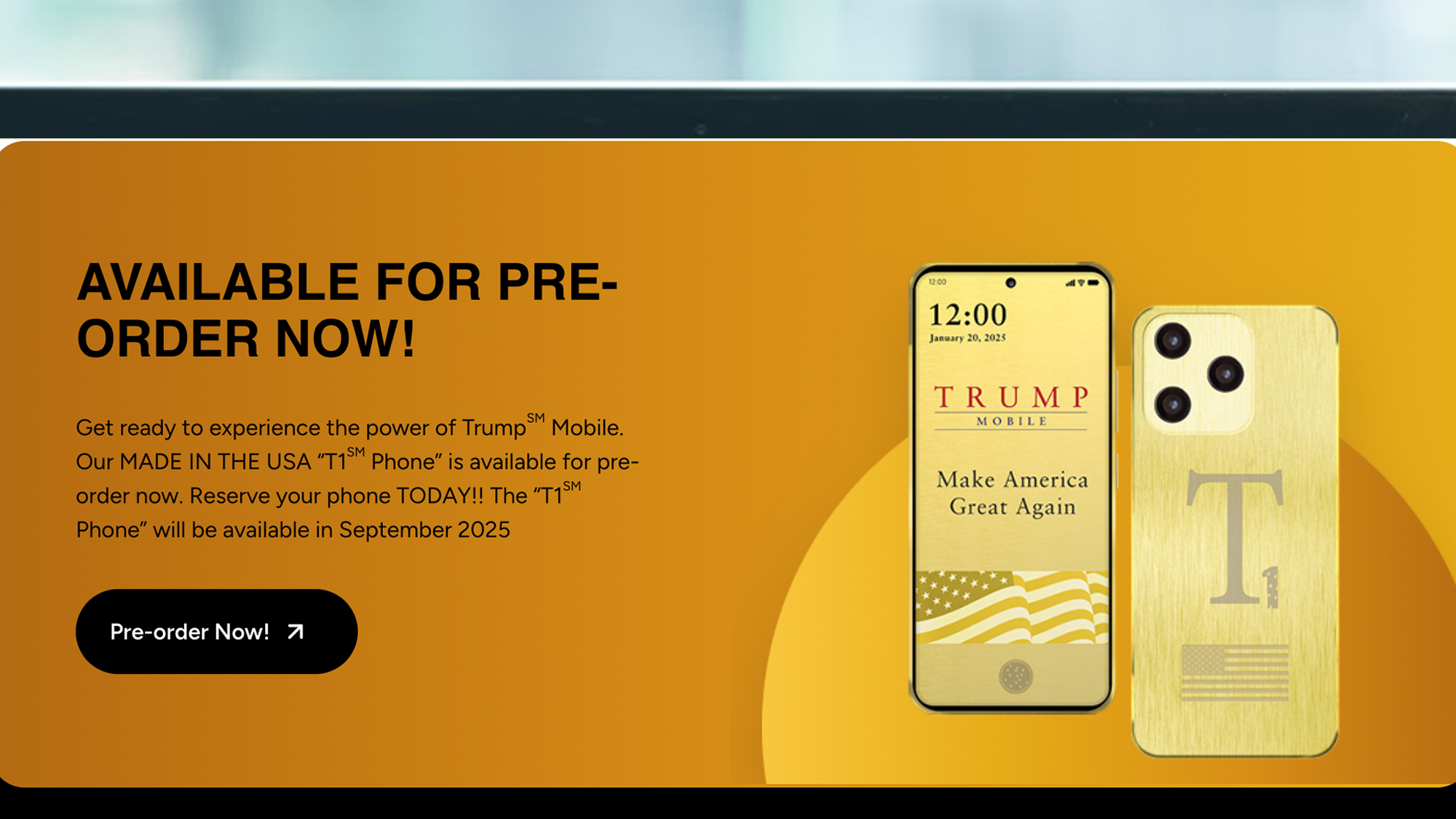 A portable computer screen showing the anticipated order page for Trump Mobile T1