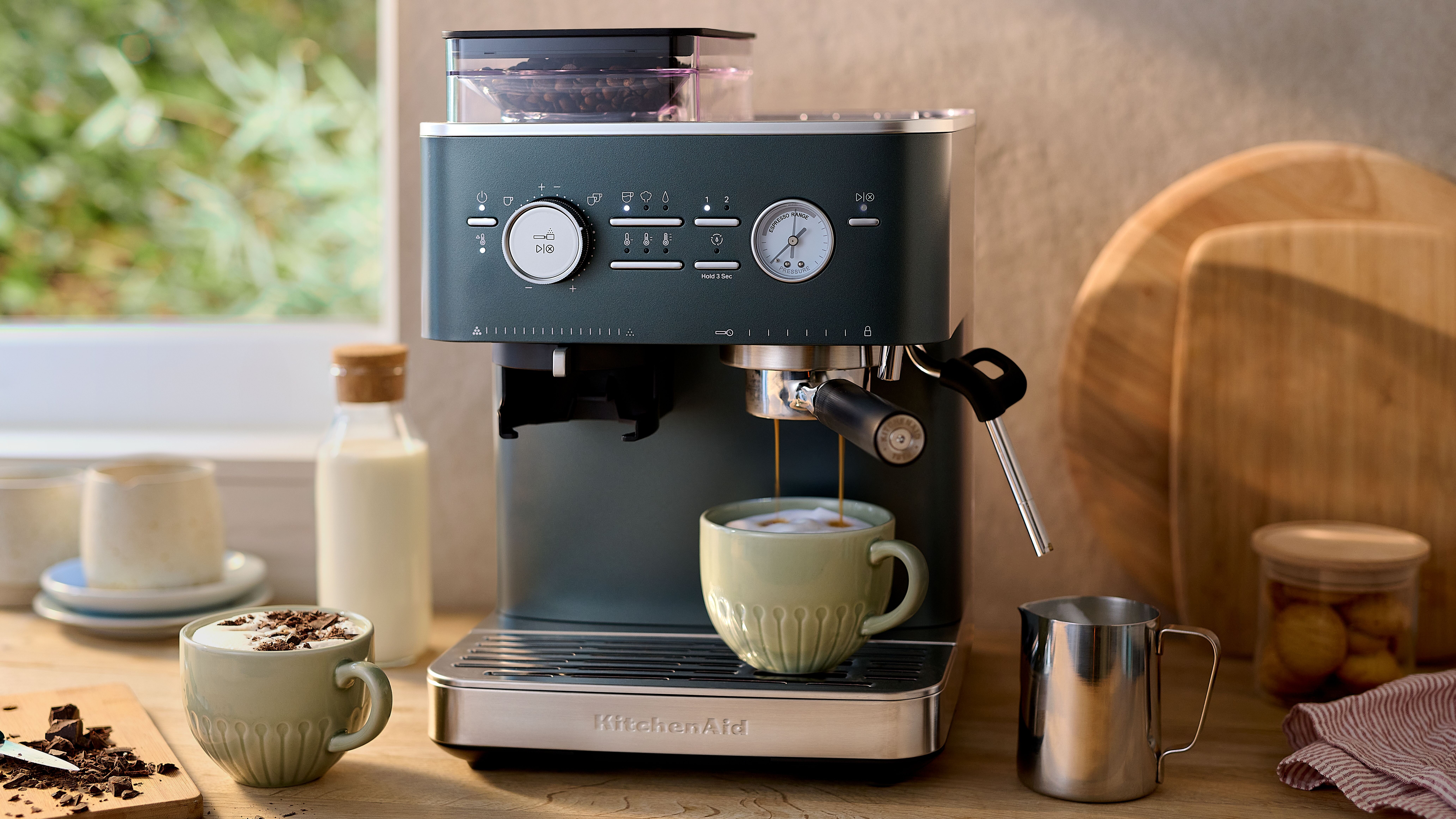 SEMI automatic Kitchenaid espresso coffee machine in green juniper at the kitchen counter