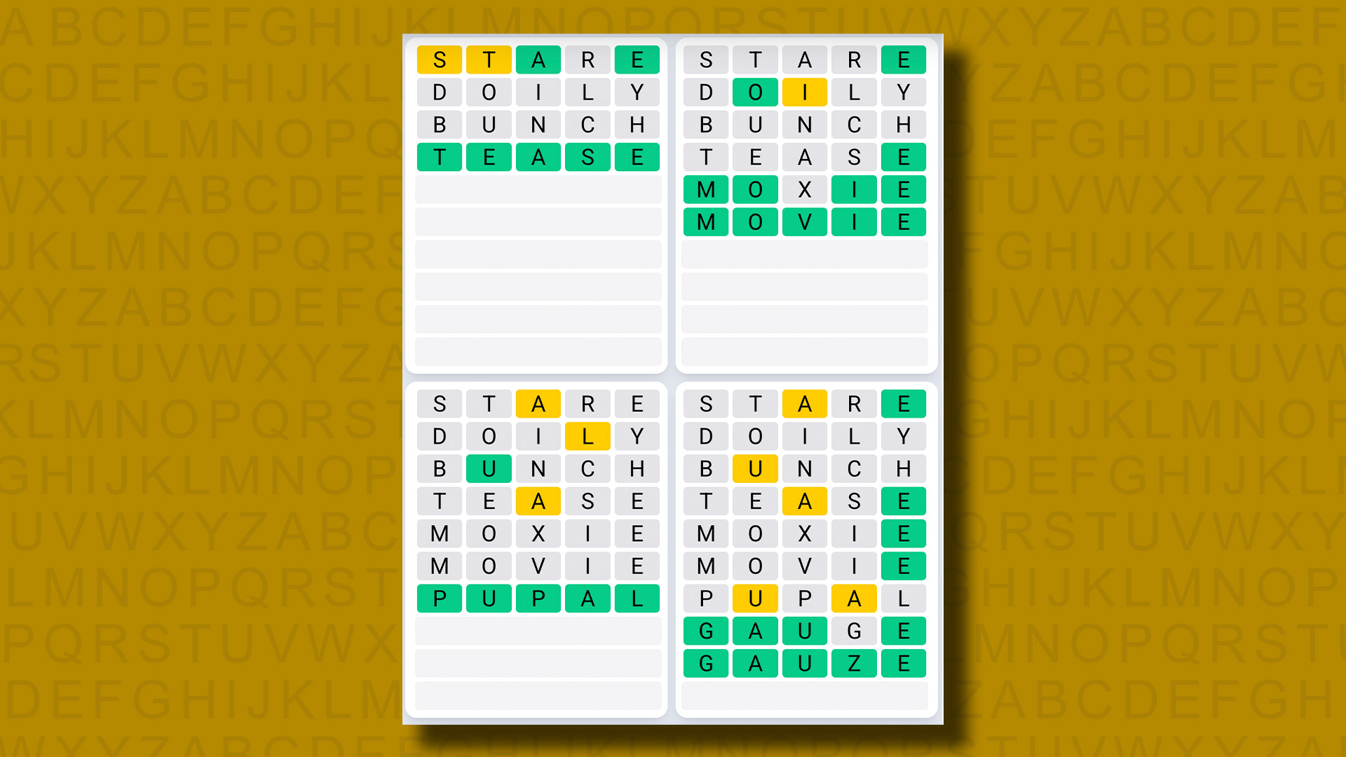Quordle Daily Sequence Answers for game 1242 on a yellow background