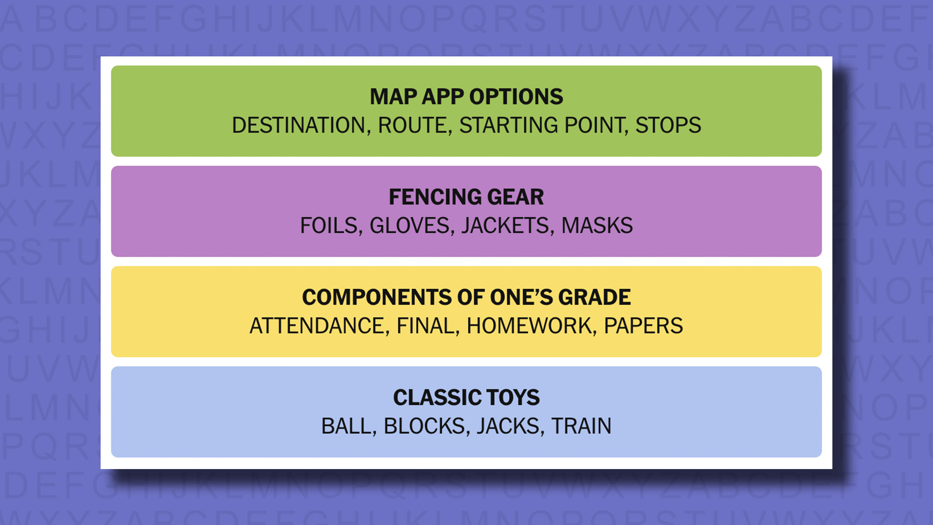 NYT Connections Answers for game 739 on a purple background