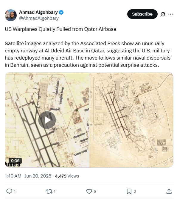 Satellite images show the extraction of mass airplanes from the United States base in Qatar