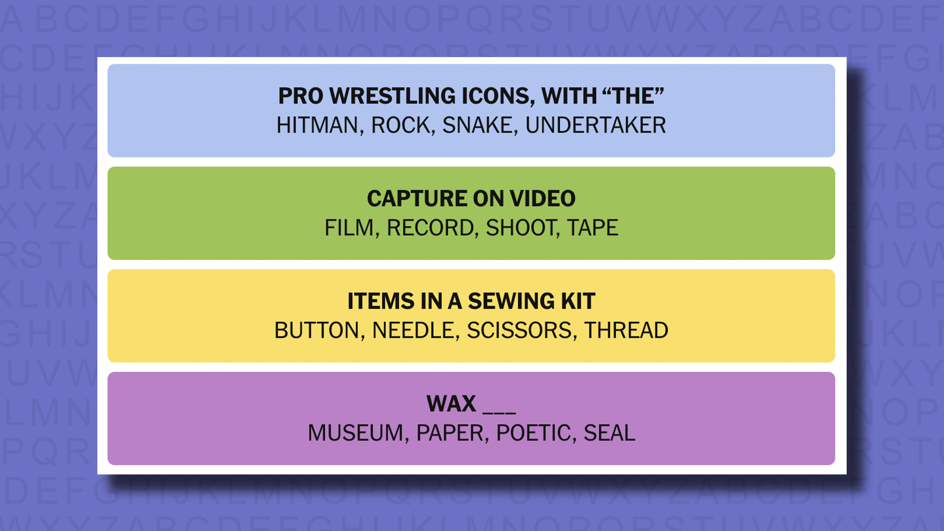 NYT Connections Answers for the game 740 in a purple background