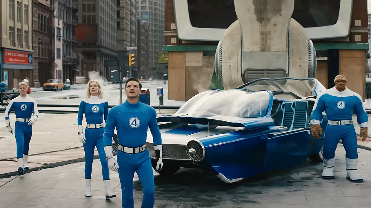 The fantastic four in a street in New York for the Car fantasti in the Fantastic Four: First Steps