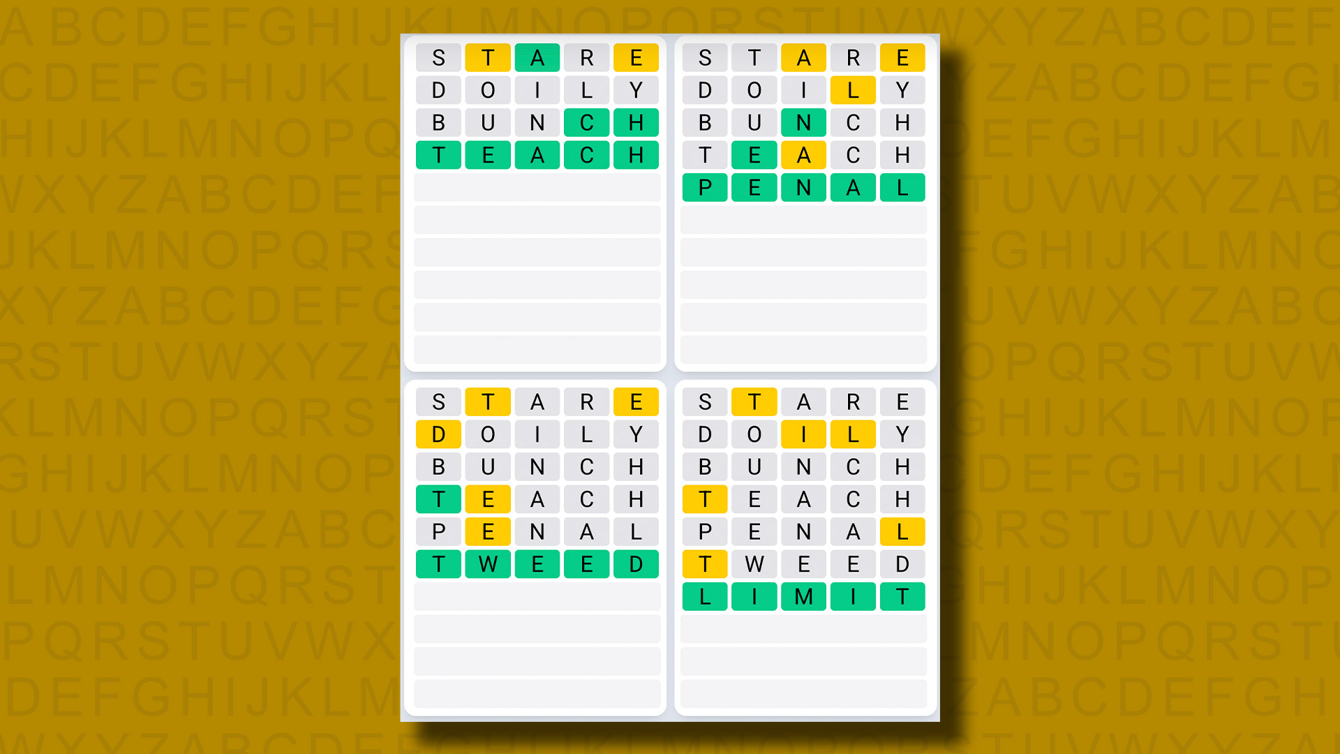 Quordle Daily Sequence Answers for game 1244 on a yellow background