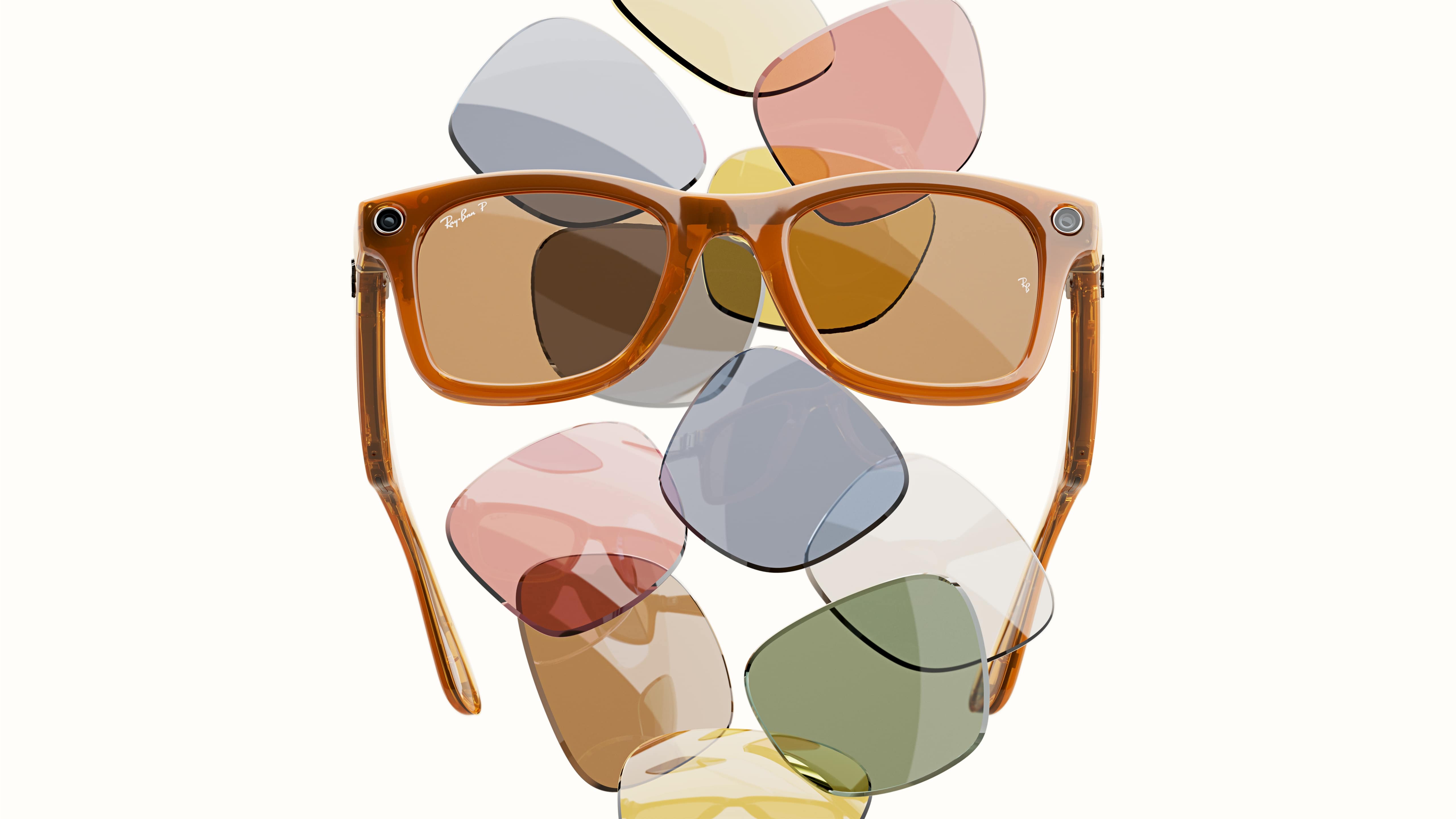Orange Rayban Meta Glasses in front of a wall of colorful lenses that include green, blue, yellow and pink