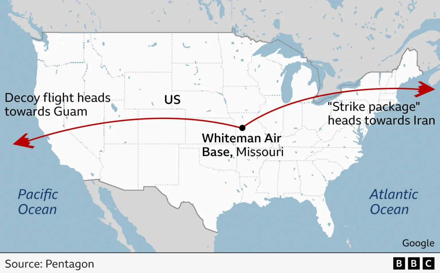 Map of B-2 Bombarderos of Lure and Royal, published by Pentagon, as reported by BBC.