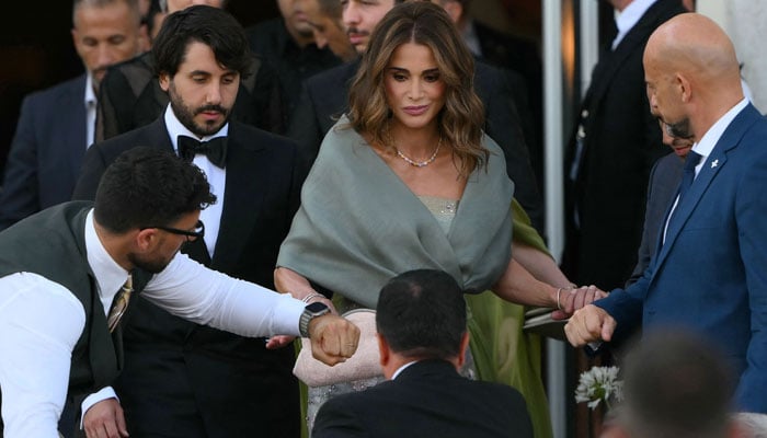 Jordans Queen Rania leaves the St Regis Hotel on the wedding day of the founder of Amazon Jeff Bezos with Lauren Sánchez, in Venice on June 27, 2025. - AFP