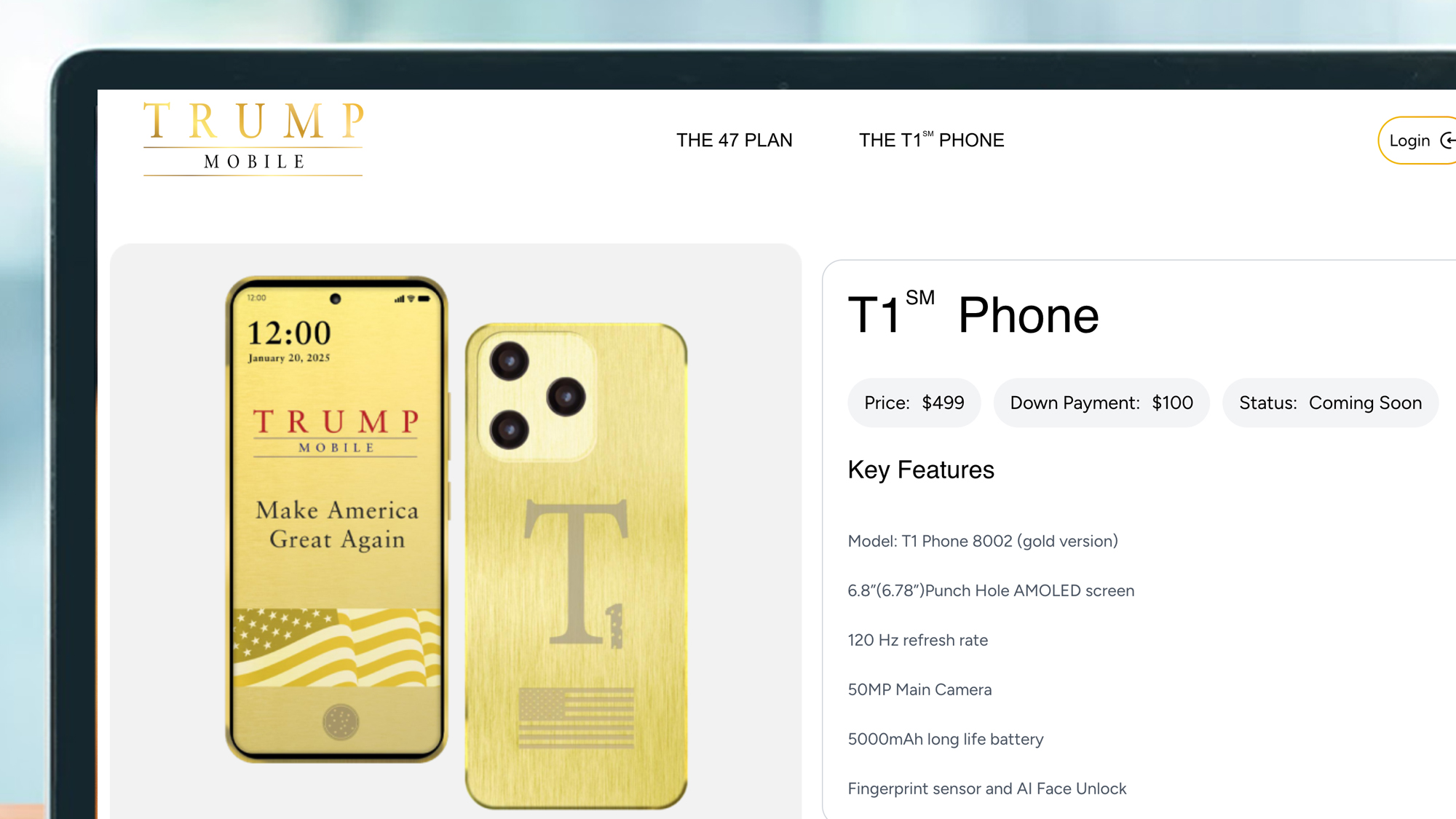 A laptop screen showing the specifications page for Trump T1 phone