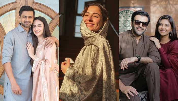 Former Pakistan captain Shoaib Malik (left) with the wife of the healthy actor Javed; Actor Haniya Aamir; and television actors Hassan Ahmed with his wife Sunita Marshall. - Instagram/@sanajaved.Official/@HaniaheFicial/@SUNITAMARSHALLOFFORIAL