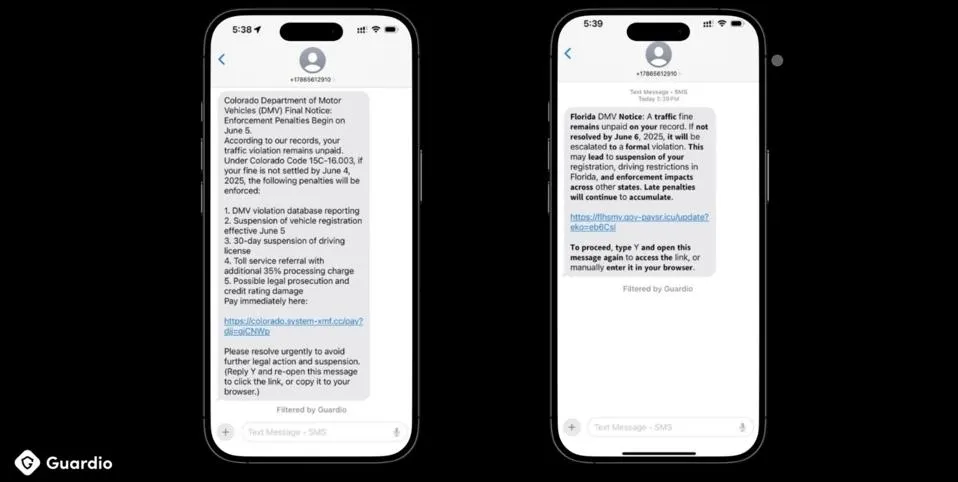 Two iPhones that show a SMS scam text on toll loads