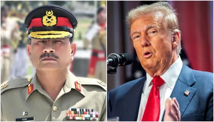 A collage that shows the field marshal also Munir (left) and President Donald Trump. - ISPR/Reuters/File