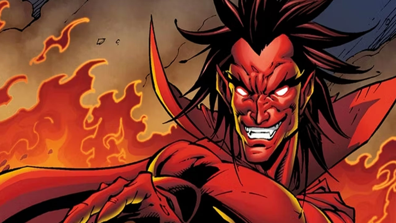 A smiling Mephisto is in front of a furious fire in hell in a screen capture of a Marvel comic