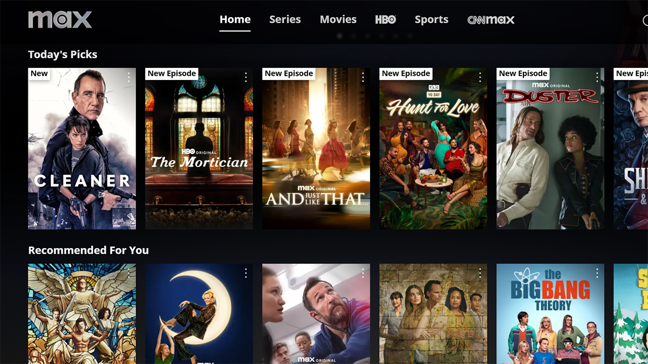 A screenshot from the old Destination page of Max, which shows television series and movies in vertical tiles